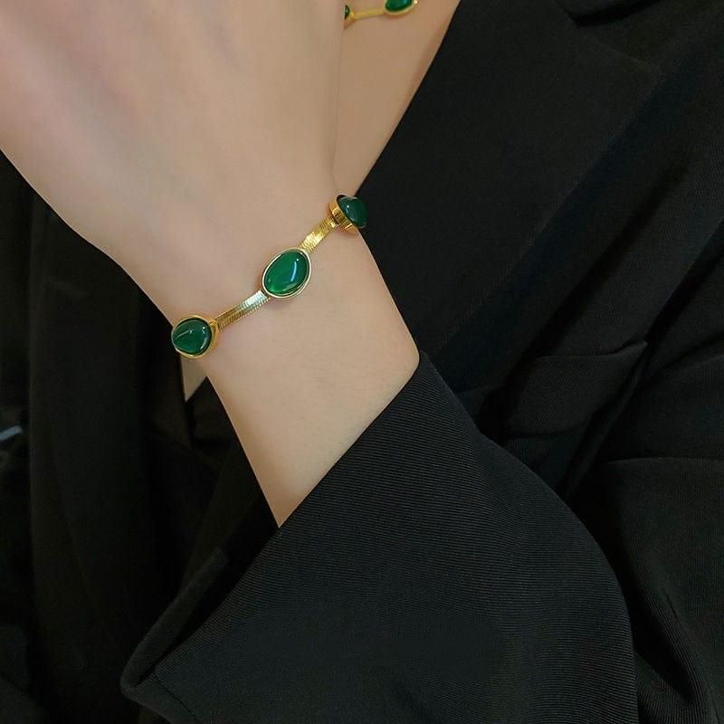 Oval Green Crystal Pendant Necklace Set with Bracelet – Gold Plated