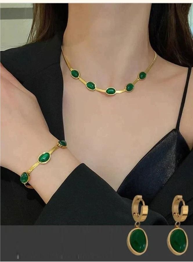 Oval Green Crystal Pendant Necklace Set with Bracelet – Gold Plated